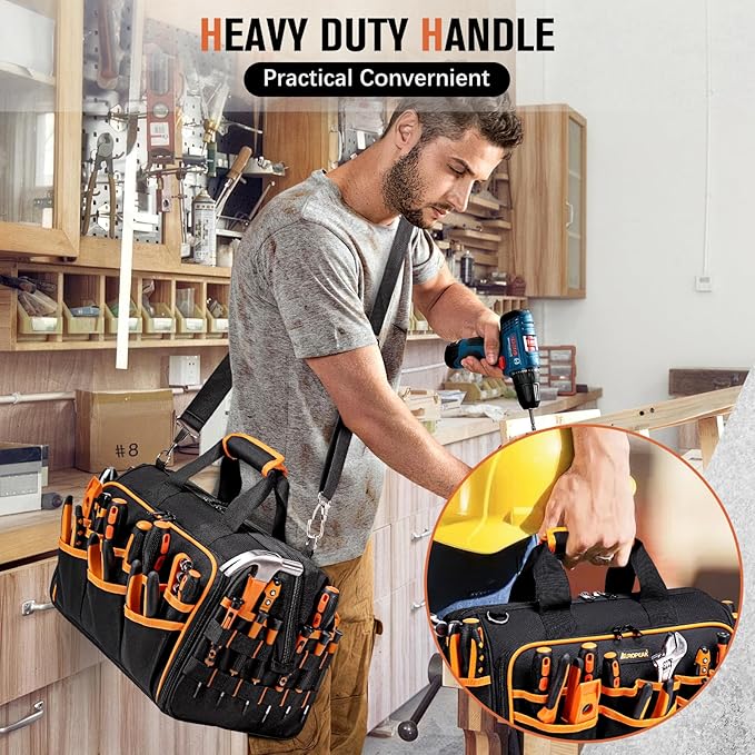 17-Inch Electrician Tool Bags for Men, 46-Pocket Heavy Duty Tool Bag, Foldable Hvac Tool Bag Organizer with Wide Mouth & Adjustable Shoulder Strap for Electricians Mechanics Craftsman Contractor