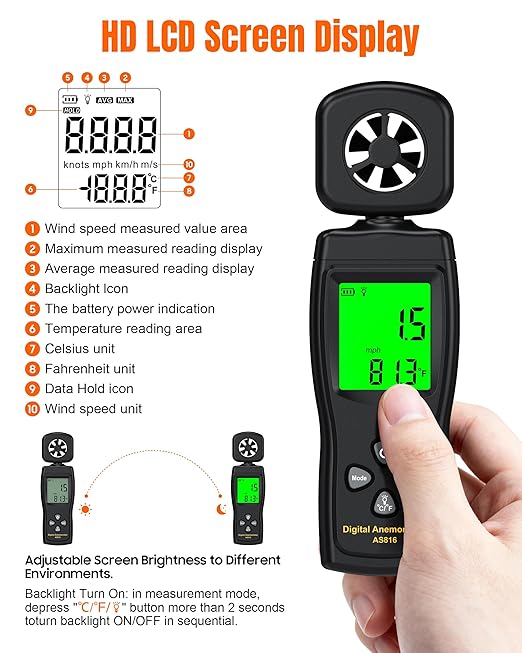 Anemometer, Wind Meter Handheld, CMF Meter to Measure Wind Speed and Temperature to Assist in Drone Flights, Outdoor Activities, Shooting Sports and HVAC Systems