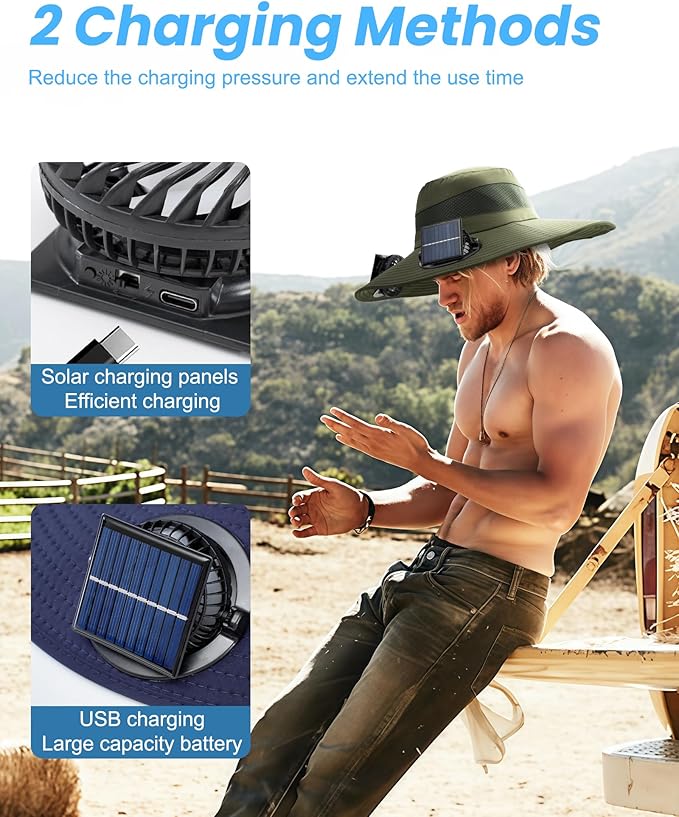Solar Panel Powered Fan Built in Wide Brim Outdoor Fishing Hat USB Charging Men Ultralight Sun Bucket Mission Cooling Cap