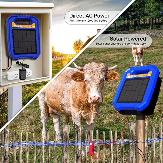 Solar Electric Fence Charger - 0.5 Joule Output up to 5 Miles, 8000V Solar Powered Fence Energizer for Livestock, Cattle and Horse, IP55 Weatherproof Controller with Day/Night Mode