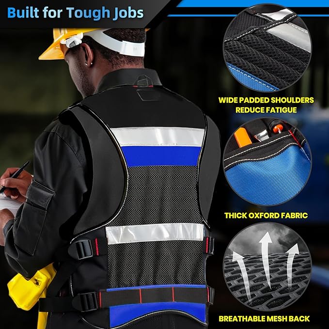 Electrician Tool Vest, Tool Vest for Men, Tool Vest Electrician with Drill Holster, 17 Storage Spaces, 1680D Heavy Duty Adjustable Work Vest with Reflective Strips, Blue