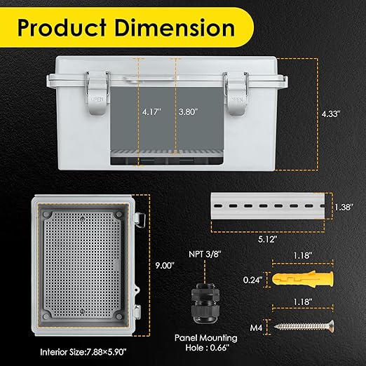Waterproof Electrical Junction Box Outdoor, IP67 Plastic Weatherproof Electrical Enclosure for WiFi Electronics, with Aluminum DIN Rail, Mounting Plate, Wall Brackets (8.7''x6.7''x4.3)
