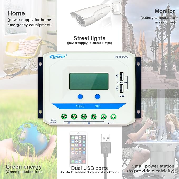EPEVER Solar Charge Controller 45A VS4524AU Solar Panel Battery Charging Regulator 12V/24V Auto Work with LCD Display Dual USB Ports 5V 2.4A Output (45A)
