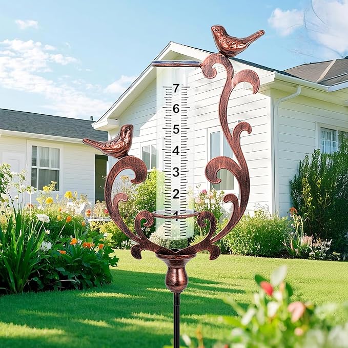 Rain Gauge Outdoor, Cast Iron Bird Rain Gauge - 7" Capacity Plastic Rain Gauge Freeze Proof with Metal Stake Decorative for Garden Yard Patio & Lawn with Large Readable Numbers