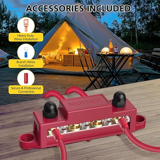 MOFEEZ Power Distribution Block Bus Bar, 4 x 3/8" Post Marine Bus Bar Battery Busbar Terminal Block with Cover, Lugs, Ring Terminals (Pair, Red & Black)
