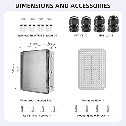 Waterproof Outdoor IP67 Junction Box(20.1"x16.1"x7.9") with Mounting Plate, Hinged Clear Cover and Wall Brackets - Weatherproof ABS Plastic Electrical Enclosure for DIY Projects(510x410x200mm)