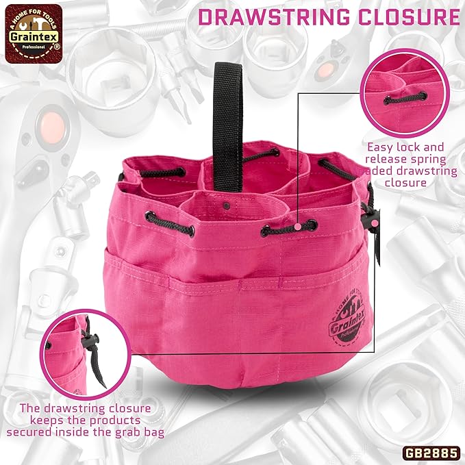 Graintex 18 Pockets Grab Bag Rip-stop Canvas Drawstring Closure, Small Part Organizer Pouch, Small Tools, Screws, Parts, Parachute Tool Bag for Efficient Storage - Pink