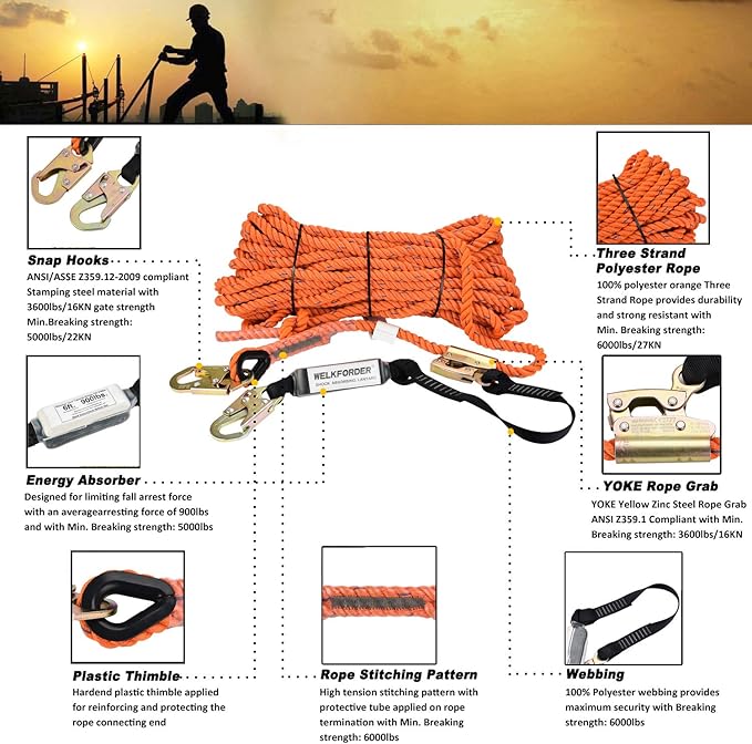 100FT Vertical Lifeline Assemble Three Strand Rope Fall Protection with Rope Grab Snap Hooks Shock Absorber Fall Protection Safety Equipment ANSI Compliant