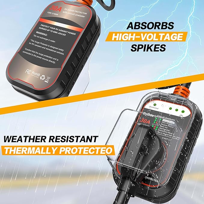 EyGde RV Surge Protector 30 Amp, RV Circuit Analyzer with Waterproof Cover, RV Accessories Power Voltage Protection Guard for Camper Travel Trailers