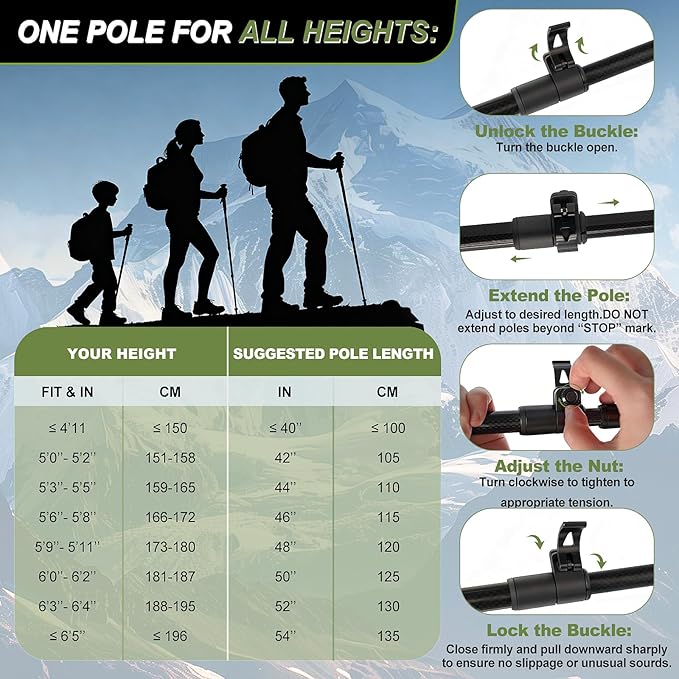 Ultra Light Carbon Fiber Hiking Trekking Poles - 6.07oz Nordic Trekking Sticks with Full EVA Grips & Quick Locks, All-Terrain Hiking Sticks for Seniors, Men & Women, Set of 2