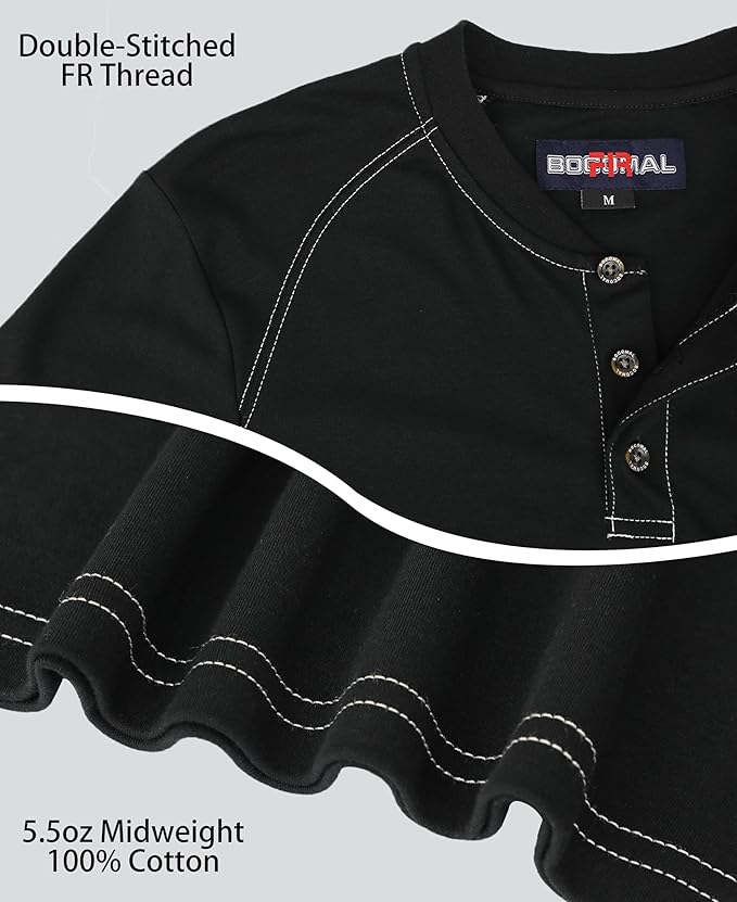 BOCOMAL Men's FR Henley Shirt Flame Resistant 5.5oz Cotton Long Sleeve Workwear UL NFPA2112 CAT2 Welding Tee