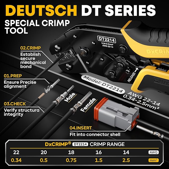 DT Series Connector Crimping Tool Kit, 2-12 Pin Waterproof Connectors, Size 16 Stamped Contacts (22-14 AWG), Ratcheting Crimper Stripper & Removal Tools for Auto, Compatible with Deutsch DT
