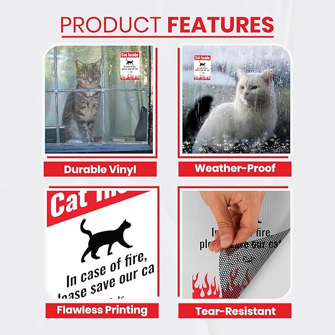 Cat Inside Sticker 5 Pack Durable, Waterproof- in Case of Fire Please Save Our Cat” Pet Rescue Label Set, 2 x Large (3.75 x 5.5) Inch & 3 x (2.75 x 4) Inch | Self-Adhesive, UV-Resistant, Water-Proof