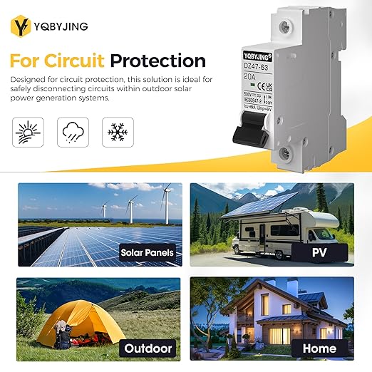 DC Circuit Breaker 20 Amp Solar Panel Disconnect Switch 12V-500V 1 Pole Miniature Solar Circuit Breaker for Outdoor PV Homes Battery, AC 110V DIN Rail MCB