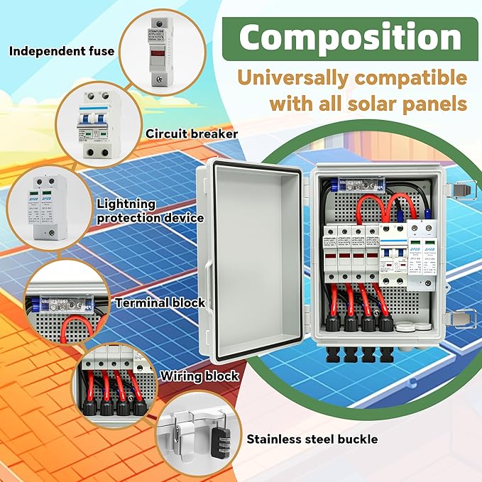 4 String Solar Combiner Box, IP65 Waterproof PV Combiner Box for On/Off Grid Solar System,with Lightning Arrester, 15A Rated Current Fuse & 63A Circuit Breaker(Plastic)