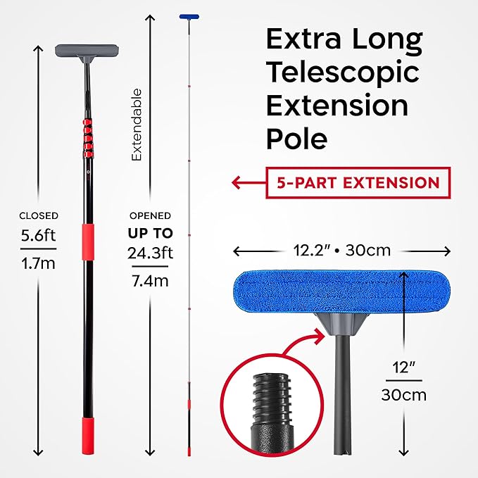 Tyroler Professional Window Squeegee with Extension Pole | 5.6-24.3ft Squeegee for Windows Cleaning | Outdoor Window Cleaner Tool, Windows Washing Kit with Extension Pole | Window Cleaning Kit