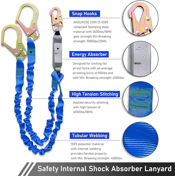6FT Double Leg Internal Shock Absorbing Safety Fall Protection Lanyard with Dual Rebar & Snap Hook |Heavy-Duty Webbing | Roofer, | OSHA & ANSI Rated (AZ369-B-Shock Absorbing-Blue)