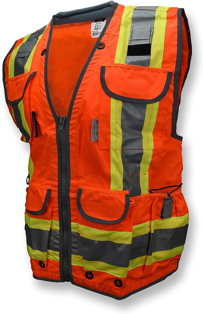 Radians SV55 Class 2 Heavy Woven Two Tone Engineer Vest with Padded Neck to Support Extra Weight in Cargo Pockets, Orange, 2X-Large