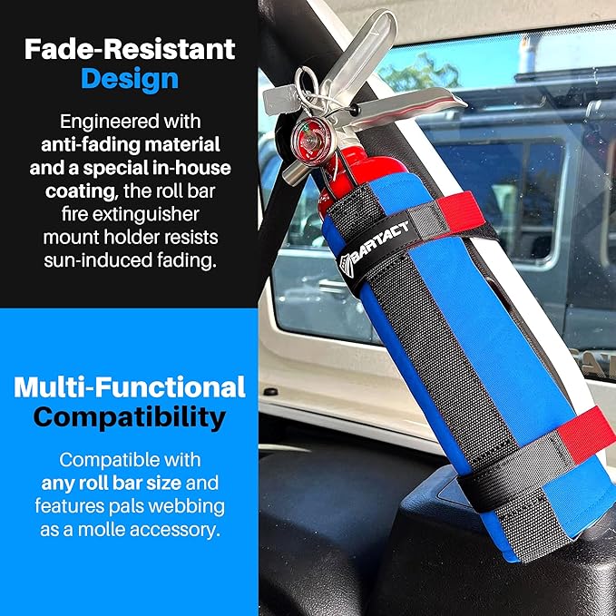 Bartact - 2.5 lb Roll Bar Fire Extinguisher Mount for Vehicle Holder, Adjustable Fire Extinguisher Holder Mount, US Made Universal Vehicle Fire Extinguisher Holder Fits All Roll Bars (Blue)