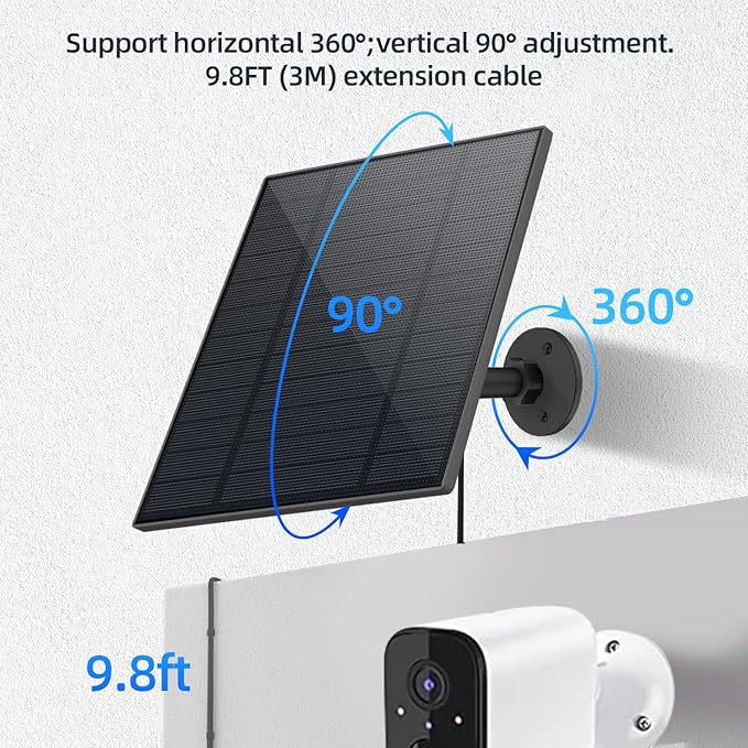 5W Solar Panel for Security Camera, Solar Panel with Micro USB & USB-C Port for DC 5V Outdoor Rechargeable Battery Camera, IP65 Waterproof, 360° Adjustable Security Mount, 9.8ft Cable(Black 1PC)