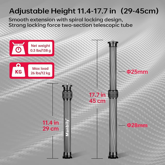 Manbily Carbon Fiber Tripod Extension Pole, 28mm Tube Two-Section Center Column Extension Rod for Tripods