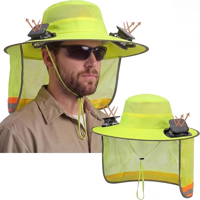 2 Pcs Sun Hat with Fan Solar&USB Powered for Men Women UPF 50+ UV Protection Wide Brim Safety Sun Hat for Out Work
