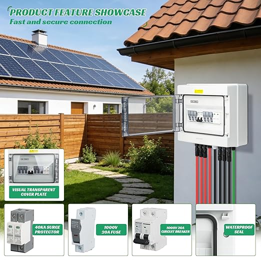 3 in 1 Out Solar Combiner Box,PV Combiner Box with 20A PV Fuse,DC 63A Circuit Breaker and Surge Protector,IP65 Solar Disconnect Switch Box for Indoor Outdoor Solar Panel System (3 in 1 Out 20A 1000V)