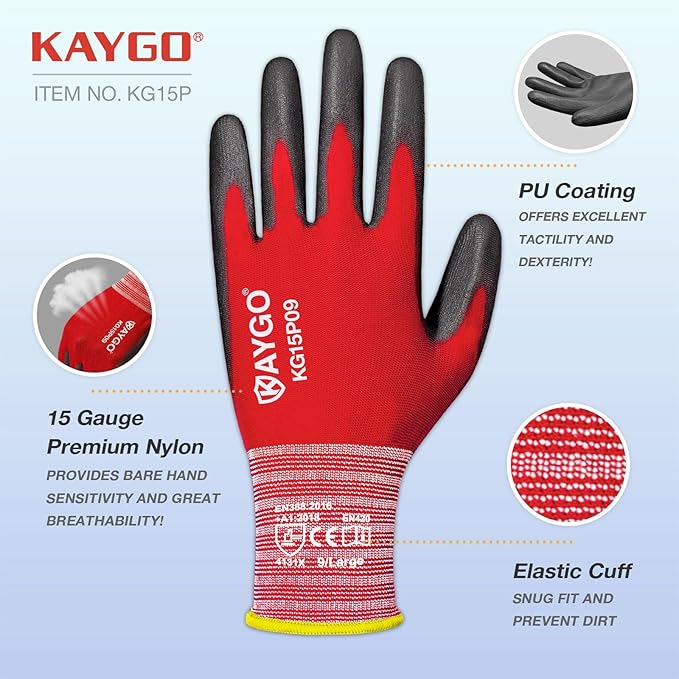KAYGO Work Gloves PU Coated-12 Pairs, KG15P,Nylon Lite Polyurethane Safety Work Gloves, Gray Polyurethane Coated, Knit Wrist Cuff,Ideal for Light Duty Work (XX-Large, Red)