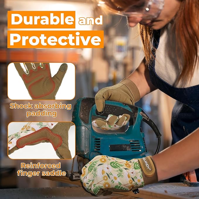 HANDLANDY Work Gloves for Women, Breathable Leather Gardening Glove for Yard Maintenance, Hand Protection with Touch Screen