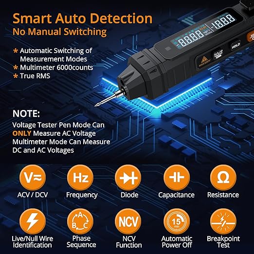 Neoteck 3 in 1 Pen Type Multimeter with Phase Sequence Detection 6000 Counts Digital Multimeter Voltage Tester with LCD Display for AC/DC Voltage Resistance Diode Continuity Capacitance Frequency