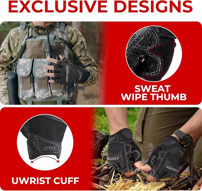 HANDLANDY Fingerless Work Gloves for Mens & Women, Uwrist Half Finger Shock-Absorbing Breathable Glove