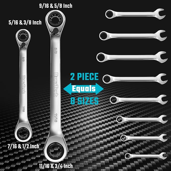 DURATECH 4-in-1 Reversible Ratcheting Box Wrench Set, Double Box End, SAE, 2-Piece, 5/16, 3/8, 7/16, 1/2 & 9/16, 5/8, 11/16, 3/4-Inch, CR-V Steel, Mirror Polished, with Rolling Pouch