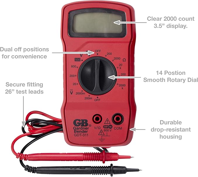 Gardner Bender GDT-311 Digital Multimeter, 3 Function, 11 Range, Tests AC/DC Voltage and Resistance, Manual Ranging, 3.5 inch Display, 1/Each , Red