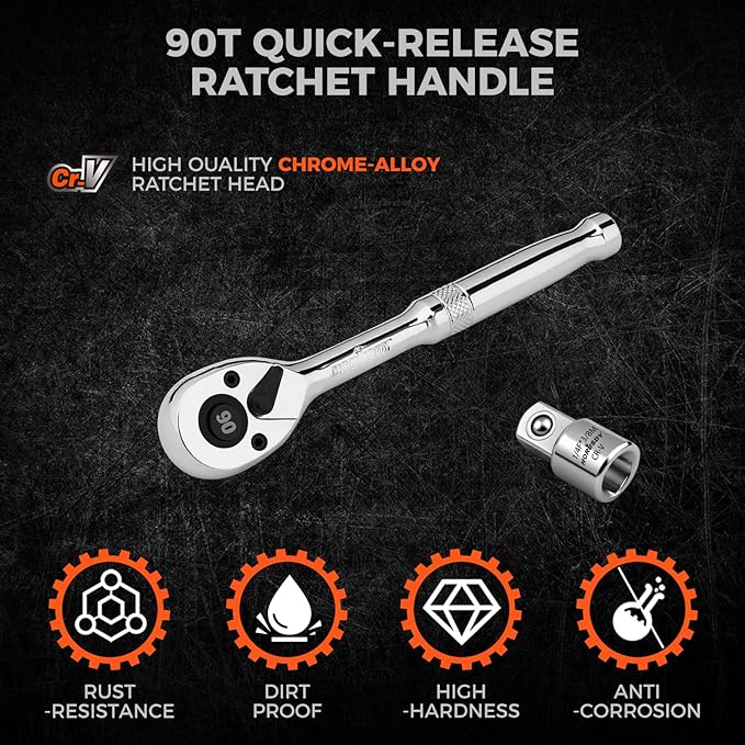 HORUSDY 1/4" Drive 90-Tooth Quick-Release Ratchet Handle with 1/4" to 3/8" Adapter, Reversible Thin Profile Socket Wrench, 4° Swing Arc, Ergonomic Anti-Slip Grip, Ideal for Auto, Bike & Home Repair