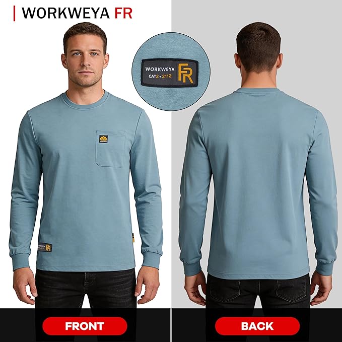 WORKWEYA Men's FR Shirts 6.5oz Lightweight Long Sleeve Flame Resistant T-Shirt NFPA 2112/CAT2