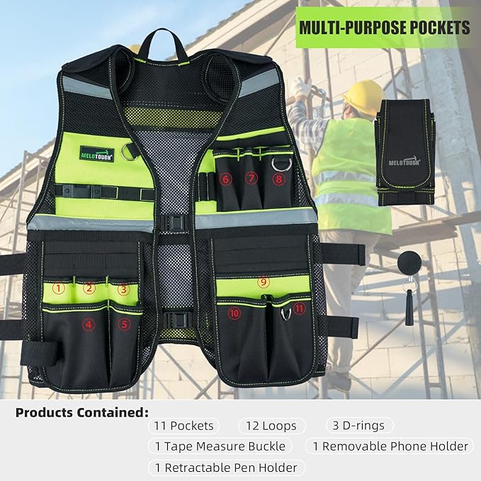 MELOTOUGH Tool Vest Reflective Safety Tool Vest with Removable Phone Holder,Retractable Pen Holder for Electrician,Carpenters,Construction(Lime)