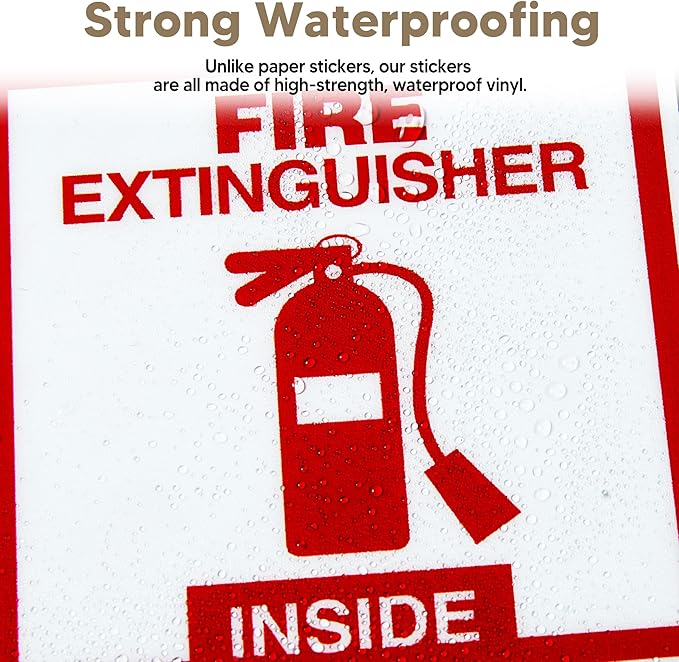 2 PCS Fire Extinguisher Inside Sign Stickers,Self Adhesive Vinyl Safety Label Waterproof, Fade and Scratch Resistant, Suitable for Indoor and Outdoor,Red on White