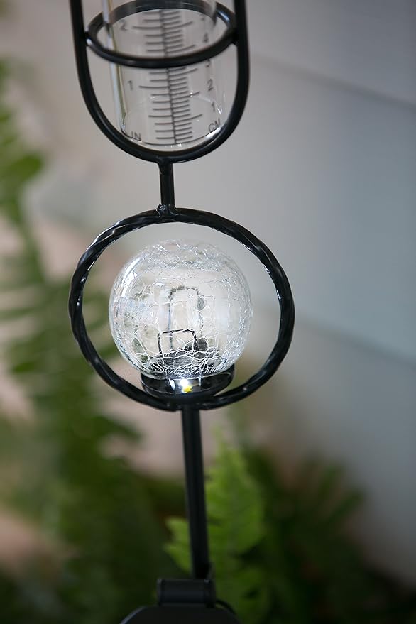 Evergreen Garden Metal and Glass Rain Gauge with Solar Powered Light - 6" W x 5.5" D x 33.5" H