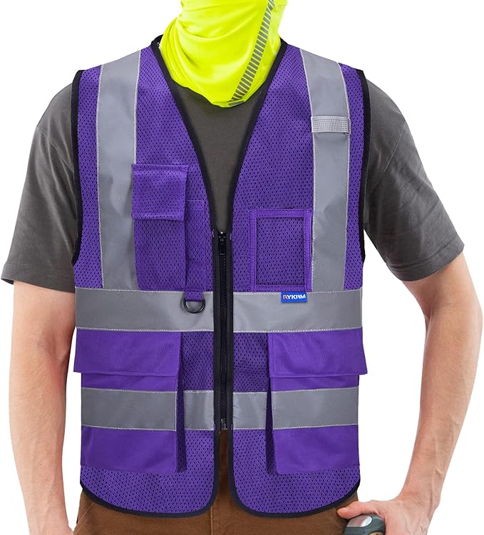 A-SAFETY High Visibility Mesh Safety Reflective Vest with Pockets and Zipper,Hi Viz Work Vest for Men Women (Purple Mesh S)