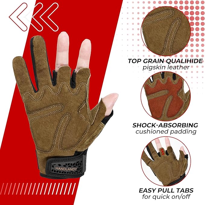 HANDLANDY Fingerless Work Gloves for Mens & Women, Uwrist Half Finger Shock-Absorbing Breathable Glove