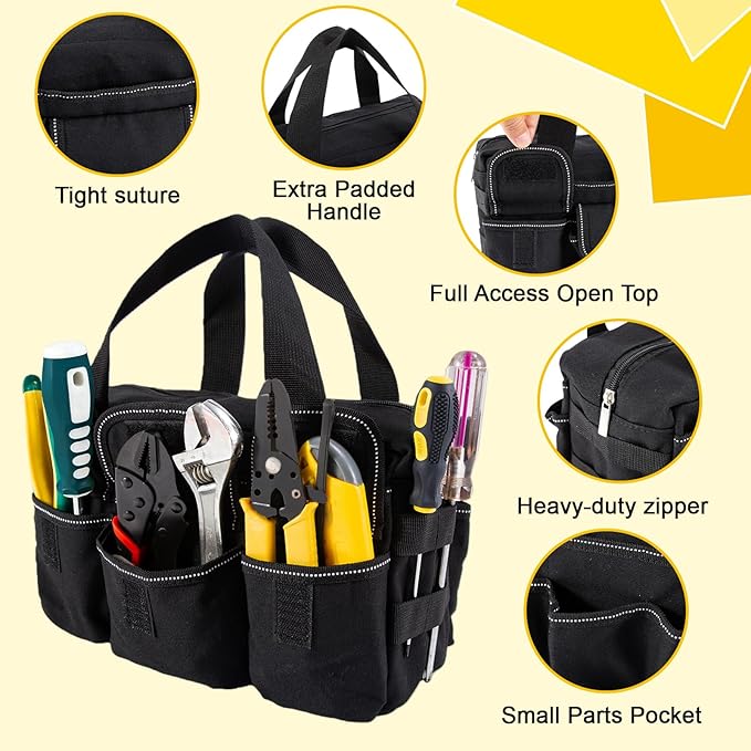 Small Tool Bag,Close Top Wide Mouth Tool Organizer Bag,Large Capacity Tool Bags for Men,Canvas Tool Storage Bag for Storage Handbag for Screwdrivers,Wrench,Pliers Hand Tools (Black-1, 12 Inch)