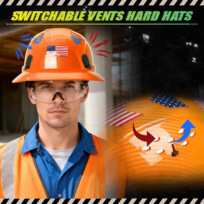 Carbon Fiber Pattern Full Brim Hard Hat with Visor-OSHA Approved Construction Safety Helmet for Men Women,ANSI Z89.1 Vented Reflective Hardhat with Hard Hat Chin Strap,6-Point Suspension