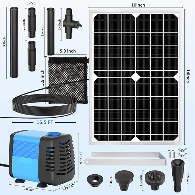Solar Pond Pump, 15W Solar Fountain Pump with 190GPH Flow & 4 Spray Styles, 16.5Ft Extendable Power Cord, Debris Barrier Bag for Outdoor Fountain, Ponds, Fish Tank, Waterfall, Garden Water Features