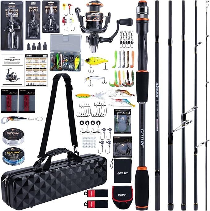 Goture Spinning Fishing Rod & Reel Combo with Carrier Bag,6.6-9FT,Spin Reels, Lures Kit, Pliers, Braided Line, Fish Gripper, Carbon Fiber Freshwater Fishing Rod Full Kit for Starter