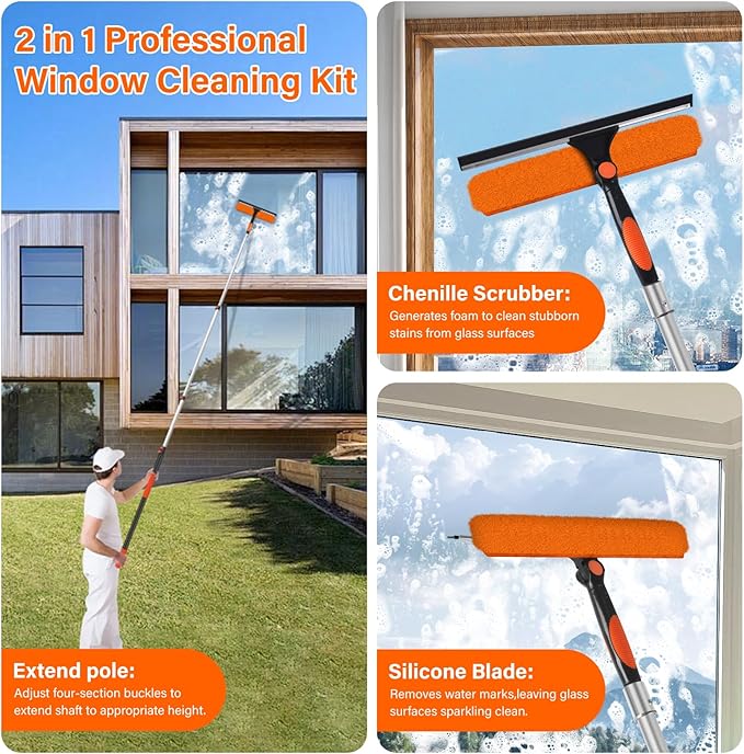 14" Window Squeegee with Extension Pole,26FT Reach High Window Washers for High Outside Windows,Professional Window Cleaning Tool Kit Include Replacement,180°Rotatable Squeegee for Indoor/Outdoor