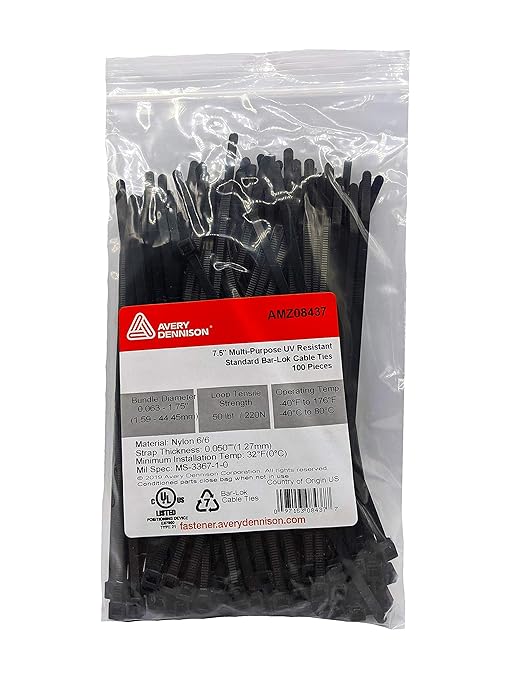 Bar Lok 7.5” Zip Ties – 100 Pieces, Black – Made in America – Weather, UV & Impact Resistant Plastic Cable Ties for Binding Bundling & Organizing Wire Cable & More – Indoor & Outdoor (7.5", 100ct)