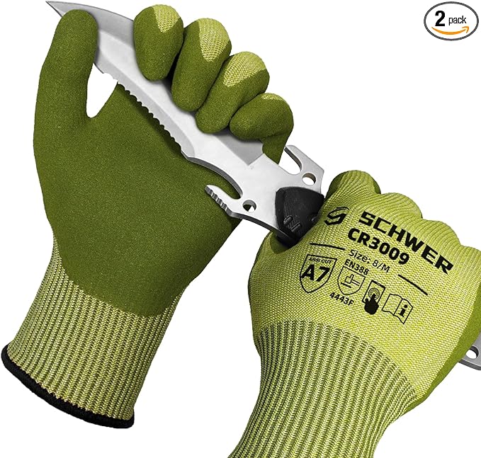 Schwer 2 Pairs ANSI A7 Cut Resistant Fishing Gloves, CR3009 Touchscreen Compatible Work Gloves for Men and Women, Non Slip, Ideal for Fishing, Hunting, Hiking, Cycling, and Outdoor Activities, M