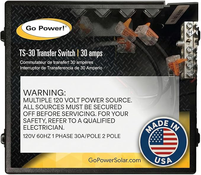 Go Power TS-30 30 Amp Automatic Transfer Switch, Dual Source Compatibility, Generator Delay Switch, Easy Installation, Compact Design