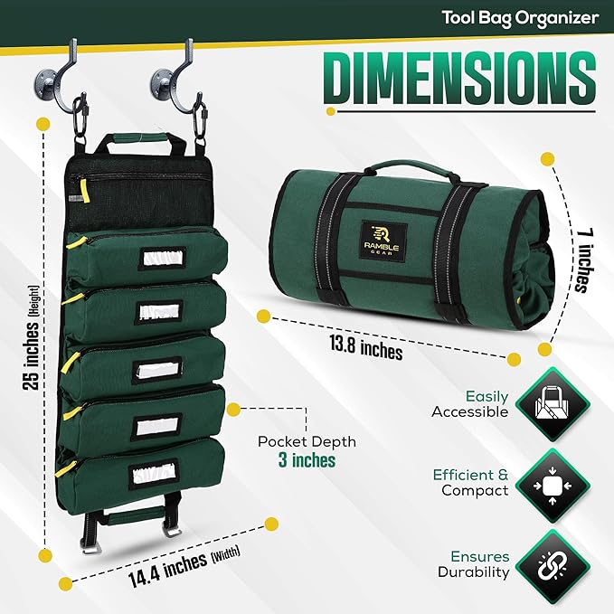 Roll Up Tool Bag Organizer – Heavy Duty Canvas Tool Roll Bag, Tool Roll Up with 5 Oversized Labeled Pockets & Carabiners, Portable Roll Up Tool Organizer for Mechanic, Truck & Car (Green)