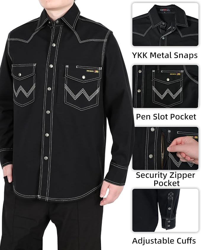BOCOMAL FR Welding Shirts Heavyweight Stretch Canvas Snaps Down Reinforced Stitching Western Style Fire Resistant Jackets